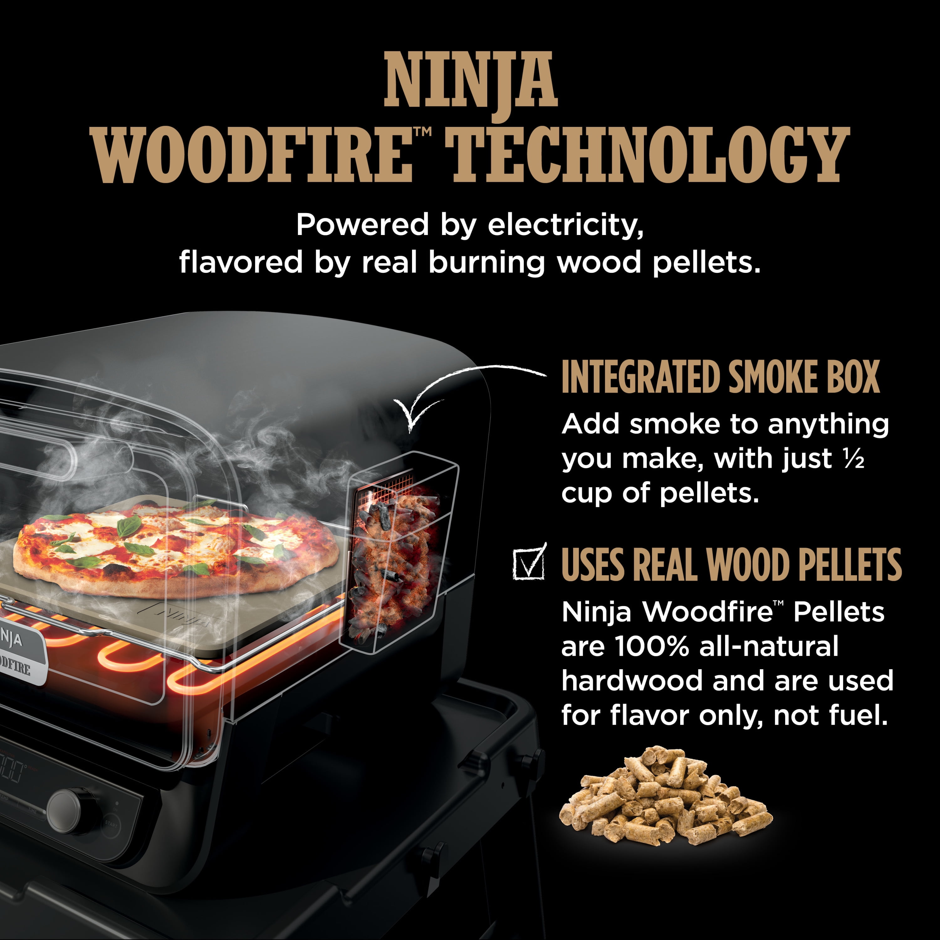 Ninja Woodfire™ Pizza Oven, 8-in-1 outdoor oven, 5 Pizza Settings, Ninja Woodfire™ Technology, up to 700°F heat, BBQ smoker, electric