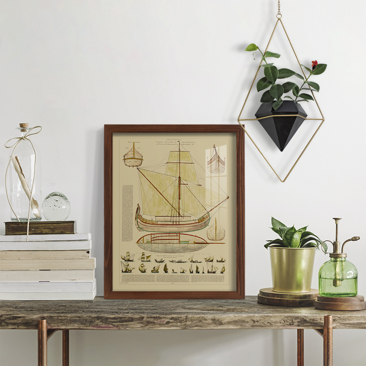 Antique Ship Plan I -Framed Print w/glass-Chestnut