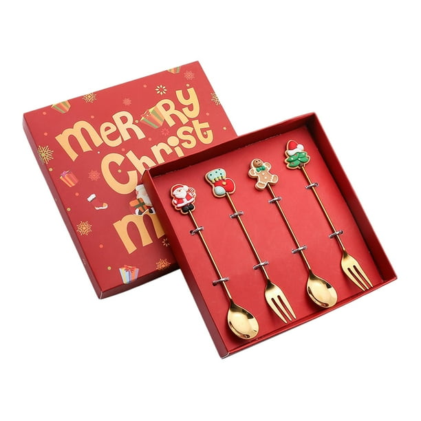 Cucharas de postre de acero inoxidable Tenedores Utensilios multiusos Cucharas navideñas 4 piezas D.