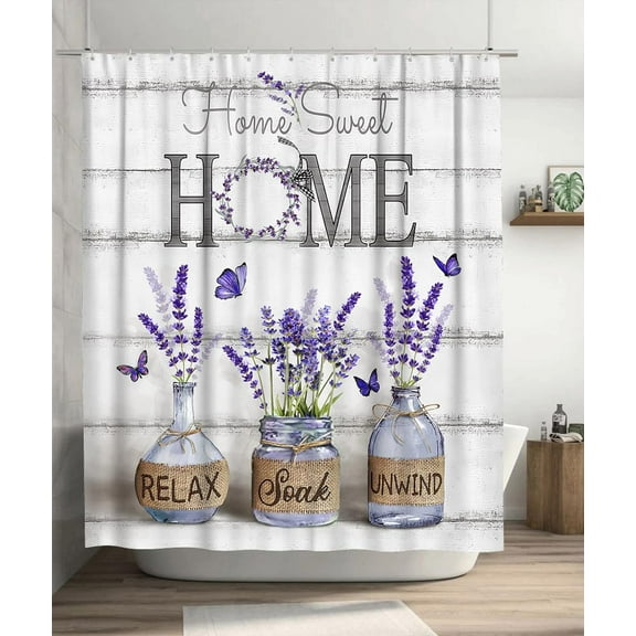 Purple Lavender Shower Curtain Farmhouse Flowers Shower Curtains for Neutral Country Bathroom Decor Rustic Butterfly Shower Curtain Set Waterproof Polyester Fabric 72 x 72 Inch