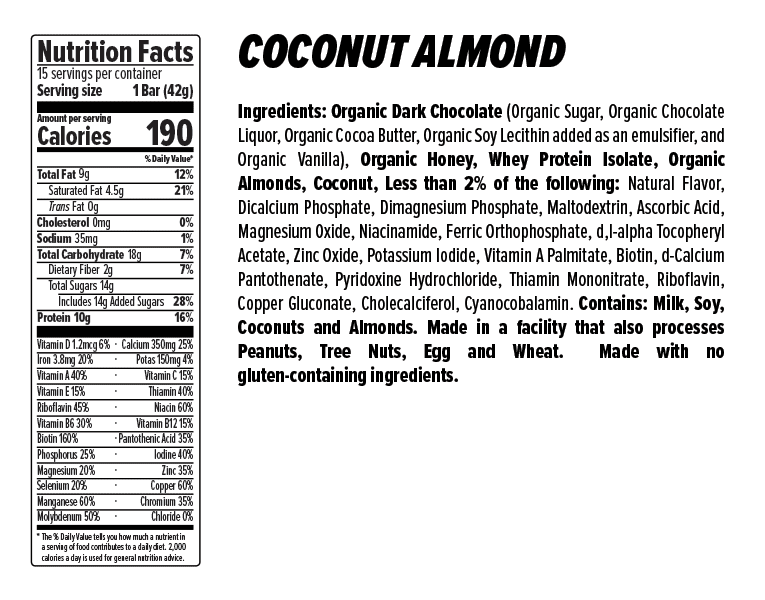 Honey Stinger Protein Bar, Dark Chocolate Coconut Almond, 10g Protein, 15 count
