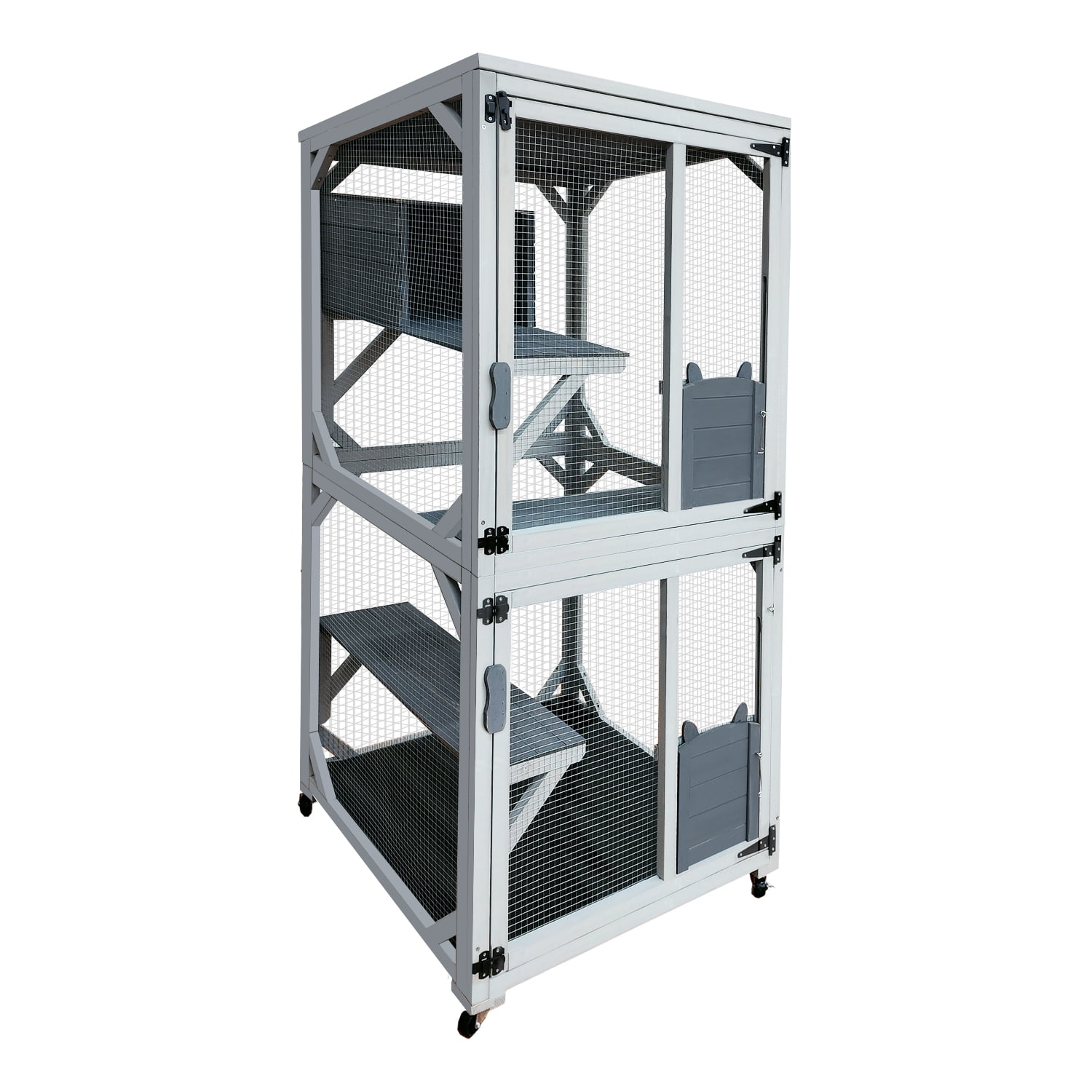 Aukfa 30.7" Wooden Catio Outdoor Pet Large Cat House with Waterproof Top for Mulitiple Cats Walk in Cat Cage,Gray