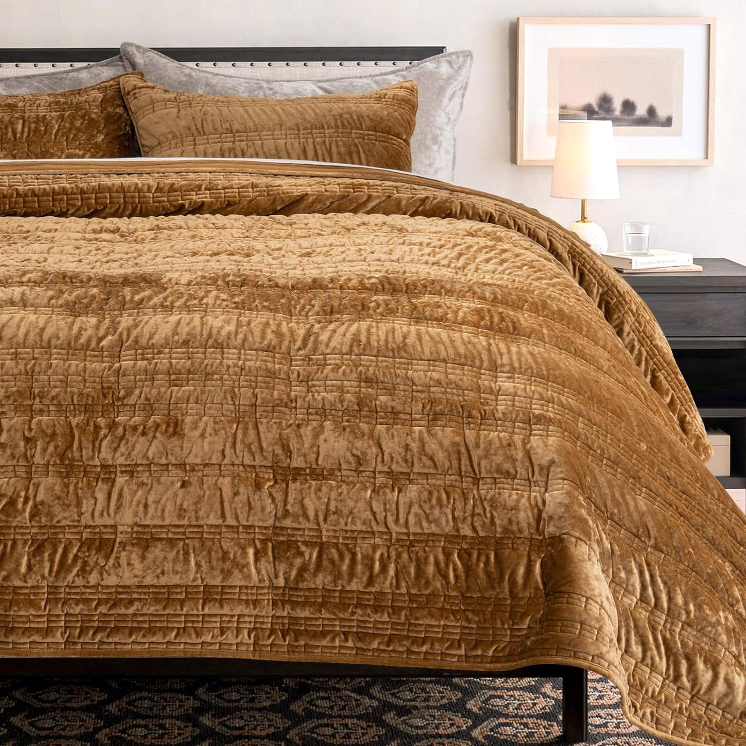 EVERGRACE Luxury Ruched Velvet Quilt King Size, Ultra Soft Bedspread Coverlet Set, Lightweight Velvet Comforter, Quilted Bedding Cover with 2 Matching Shams for All Season, Gold Yellow