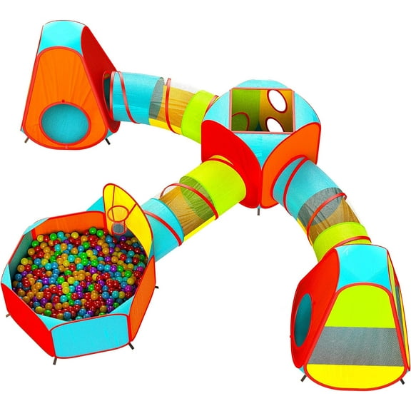 7pc Kids Play Tent with 1 Big Ball Pit for Babies, 3 Play Tunnel for Toddlers, and 3 Pop Up Tents Playhouse Bundle, Best Birthday Gift for Boys & Girls, Indoor & Outdoor Use PortablePlay Center