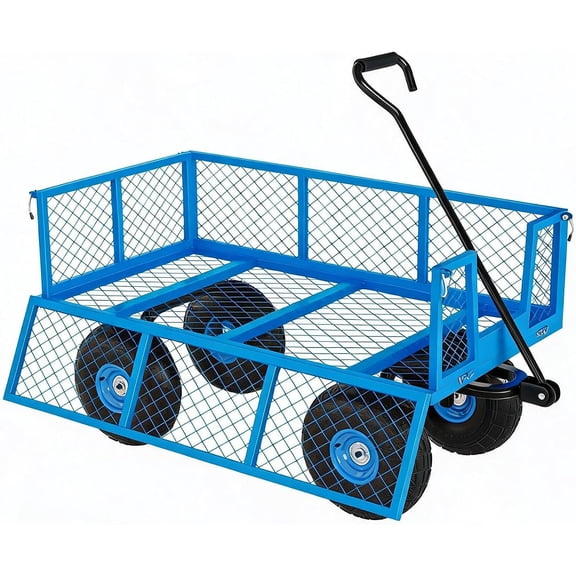900-lb 4-cu ft 3-in-1 Heavy Duty Steel Garden Cart with 10-in Wheels Removable Sides 180 Rotating Handle Blue