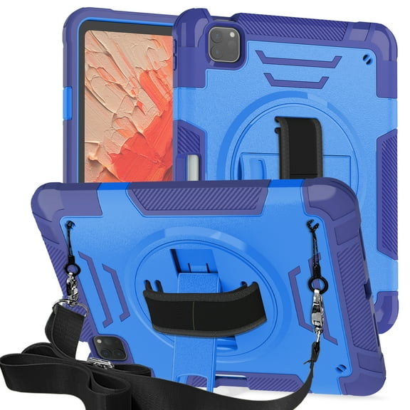 Heavy Duty Case for iPad Pro 11 2024, Upgraded Military Grade Shockproof Protector iPad Pro 11 2024 Cover With Pencil Holder Handle Shoulder Strap Contractible Kickstand,Blue