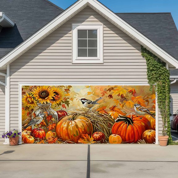 Garage Door Banner Autumn Thanksgiving Pumpkin Orange Leaves Garage Door Banner Cover for Outdoor Indoor, Watercolor Sunflower Large Backdrop Banners 6.9x16ft