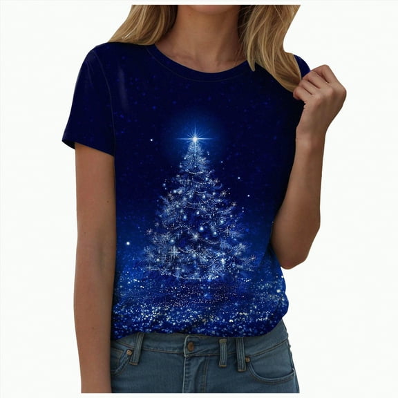UngA Christmas T-Shirts for Women Short Sleeve Cotton Crewneck T-Shirt Merry Christmas Xmas Tree Tee Tops Casual Basic Christmas Womens Shirts (Blue,XXL)