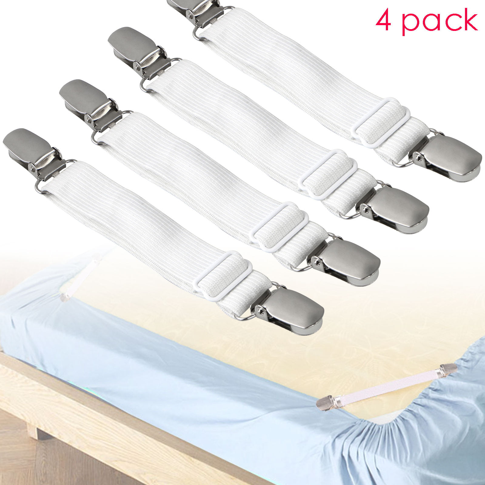 Bed Sheet Grippers Clips Set Suspender Adjustable Fasteners Holders Straps 4pc 