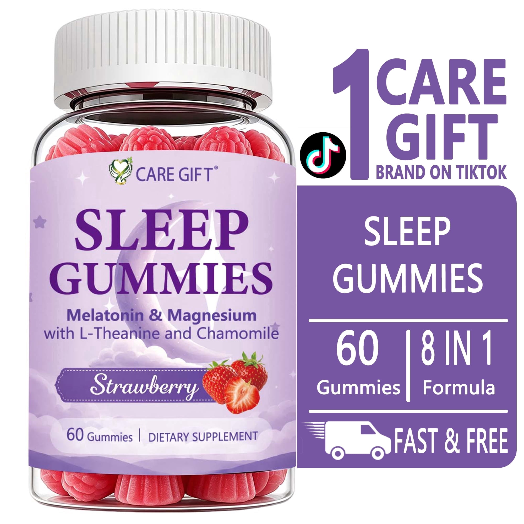 CARE GIFT Sleep Gummies for Adults: 8 in 1 Formula with Melatonin, Magnesium, L-Theanine & Chamomile, Nighttime Sleep Aid, Strawberry Flavor, 60 Count