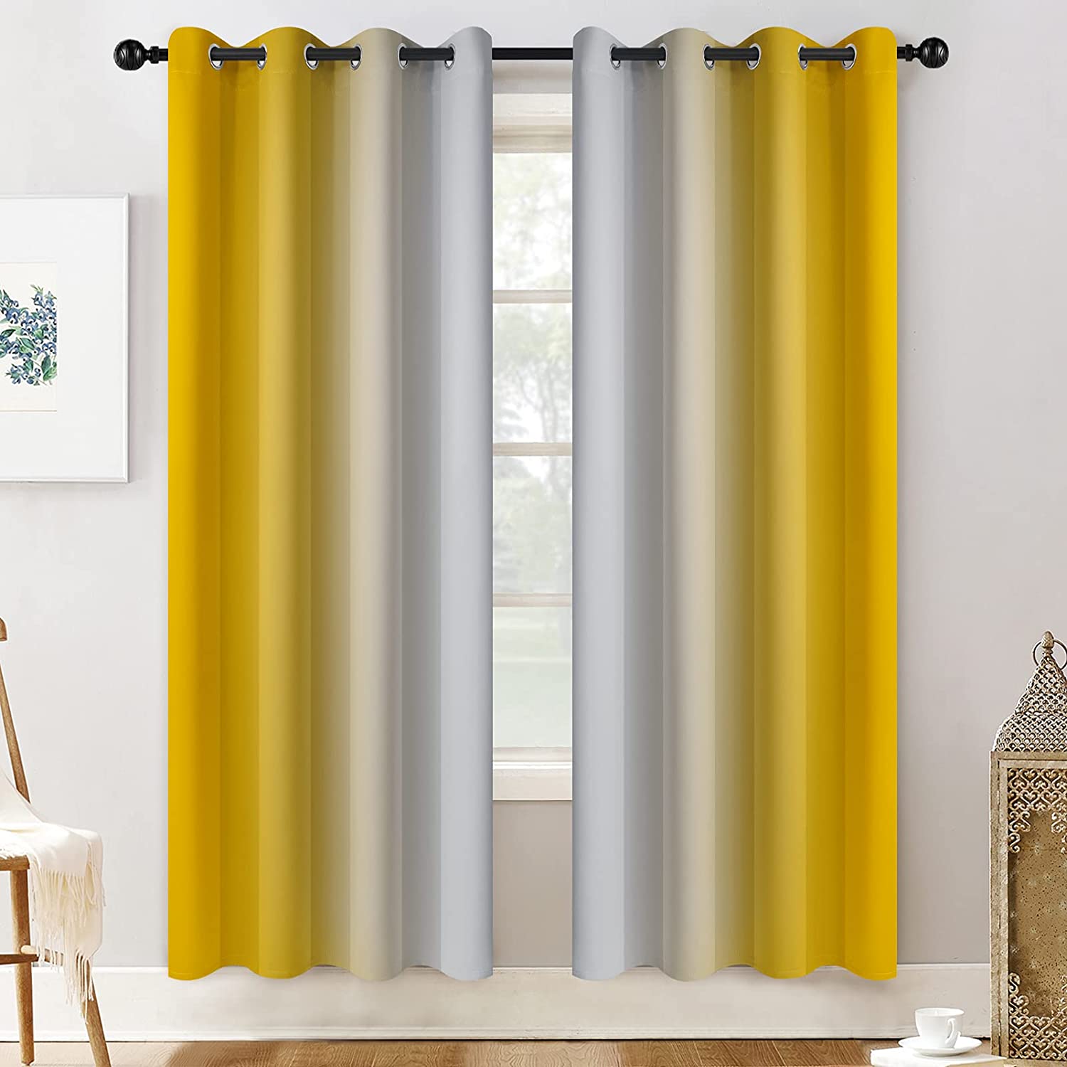 Yakamok Grommet Light Blocking Yellow Ombre Curtains,Room Darkening