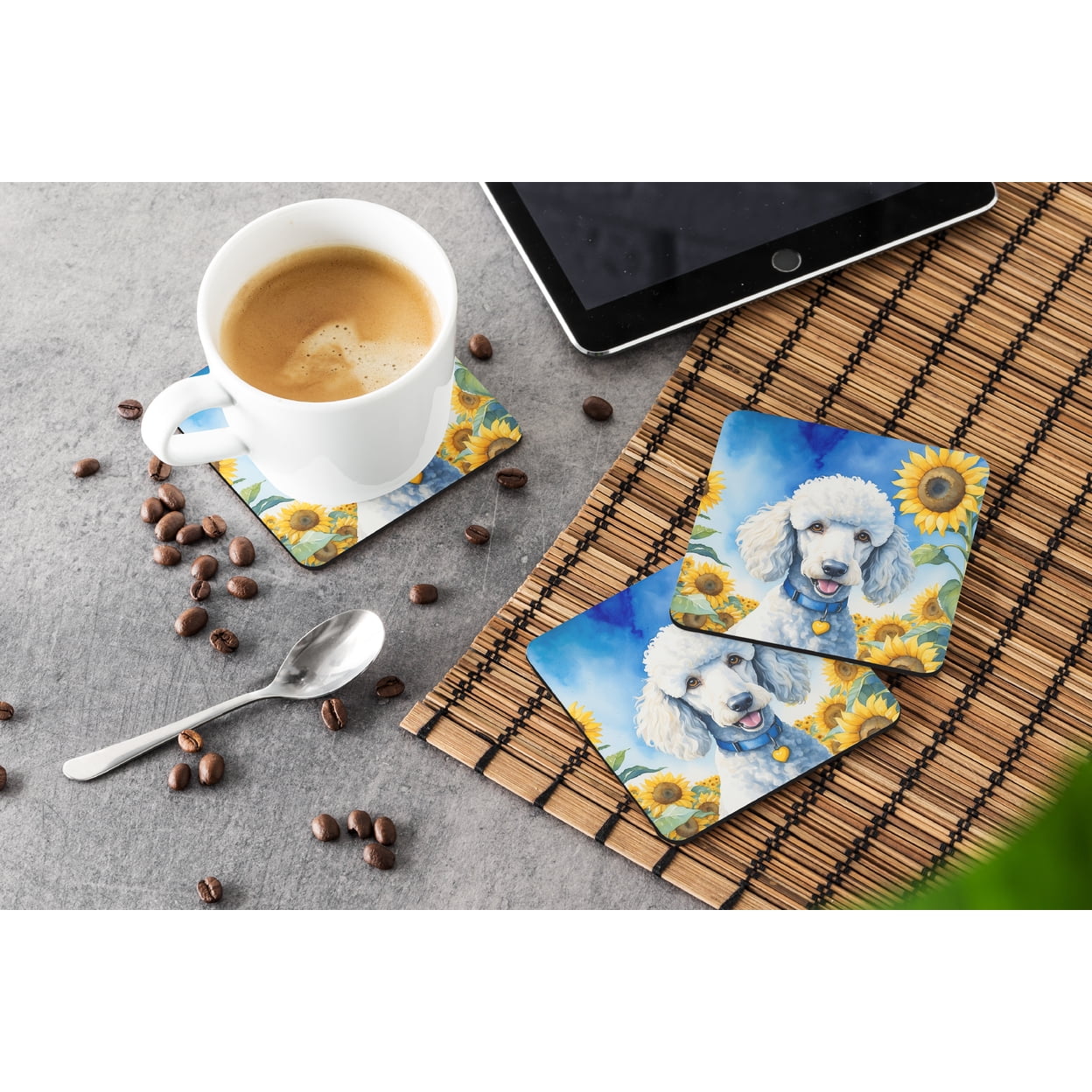 Carolines Treasures DAC6142FC 3.5 x 3.5 in. White Poodle in Sunflowers Foam Coasters - Set of 4