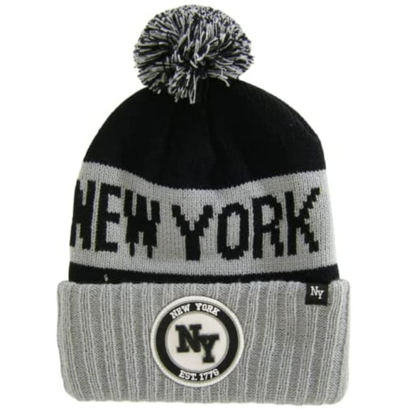 New York Ribbed Cuff Knit Winter Hat Pom Beanie (Black/Gray)