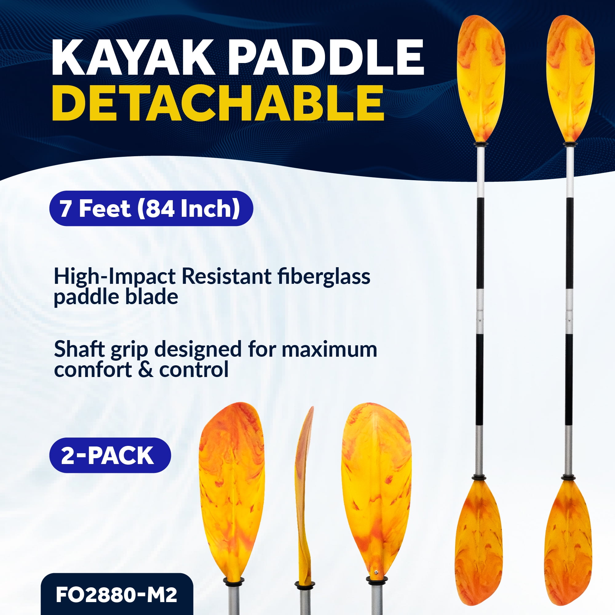 Five Oceans Kayak Paddles 2 Pack, 84" - 7ft Kayak Fishing Paddle, Detachable Heavy-Duty Aluminum Shaft, Reinforced Fiberglass Blades, 2-Piece Snap-Button, Lightweight Paddle for all Kayaks - FO2880-M2