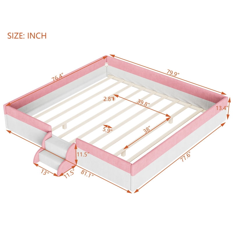 King Size Corduroy Upholstered Floor Bed Frame with Fence, Kids Low-Profile Platform Bed with 2-Tier Steps & Smart LED Lights