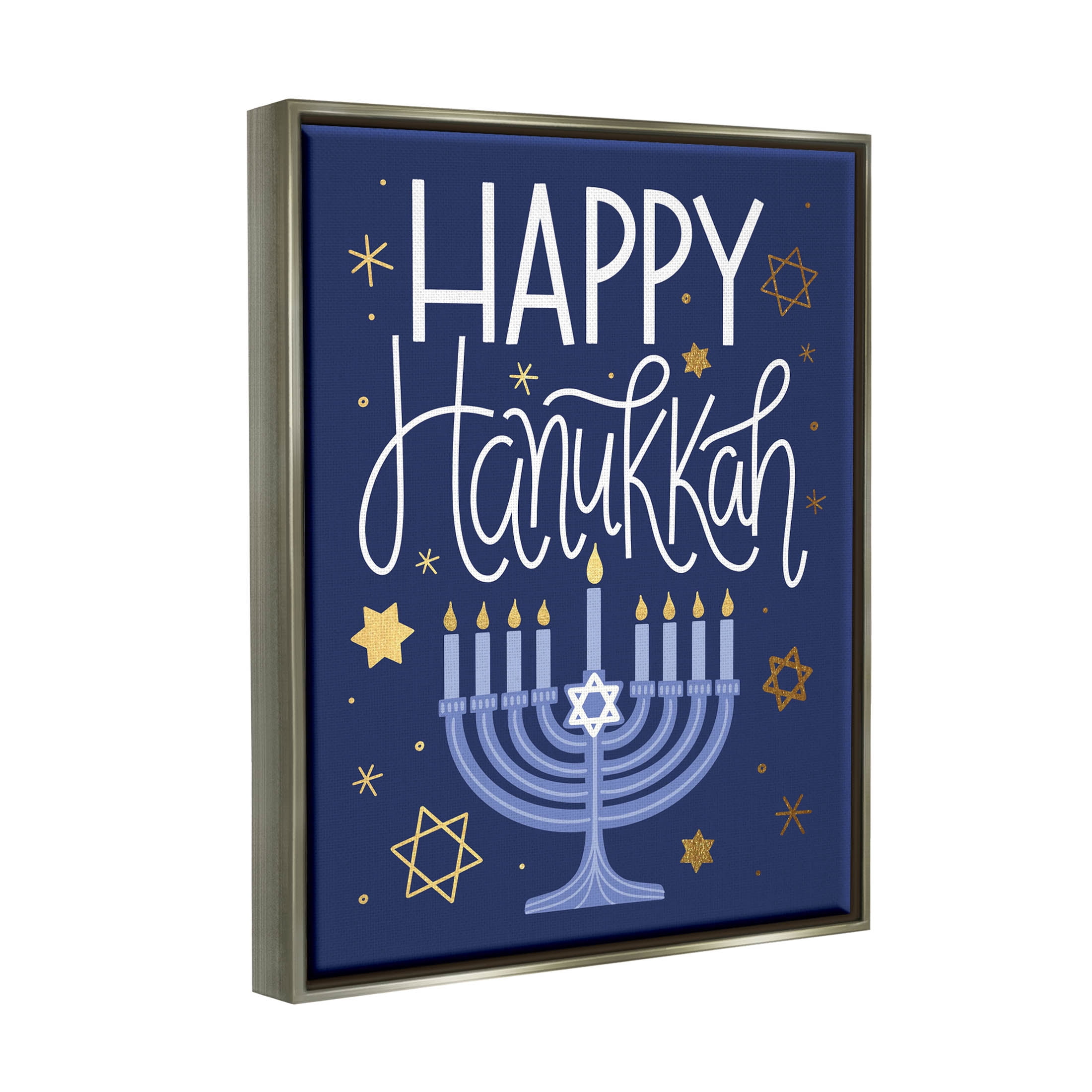 Happy Hanukkah Blue Menorah Pattern Holiday Graphic Art Luster Gray Framed Art Print Wall Art