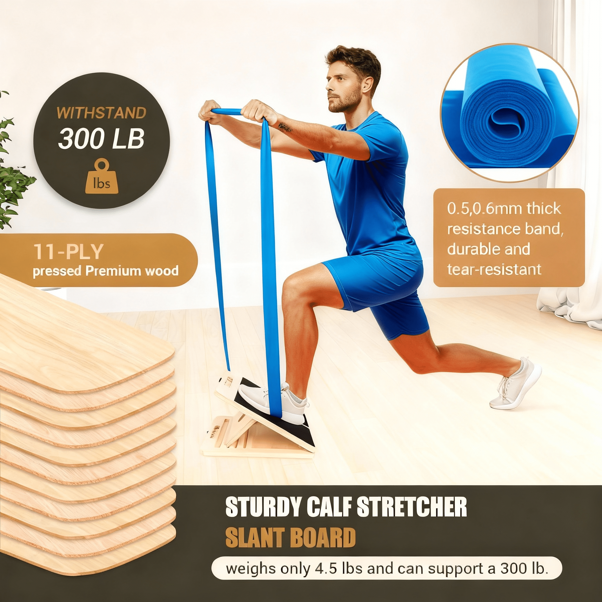PIERCINGFUN Portable Wooden Slant Board for Calf Stretching, Adjustable Incline Board for Knees Ankle Heel Feet Leg with Training Poster & Resistance Bands