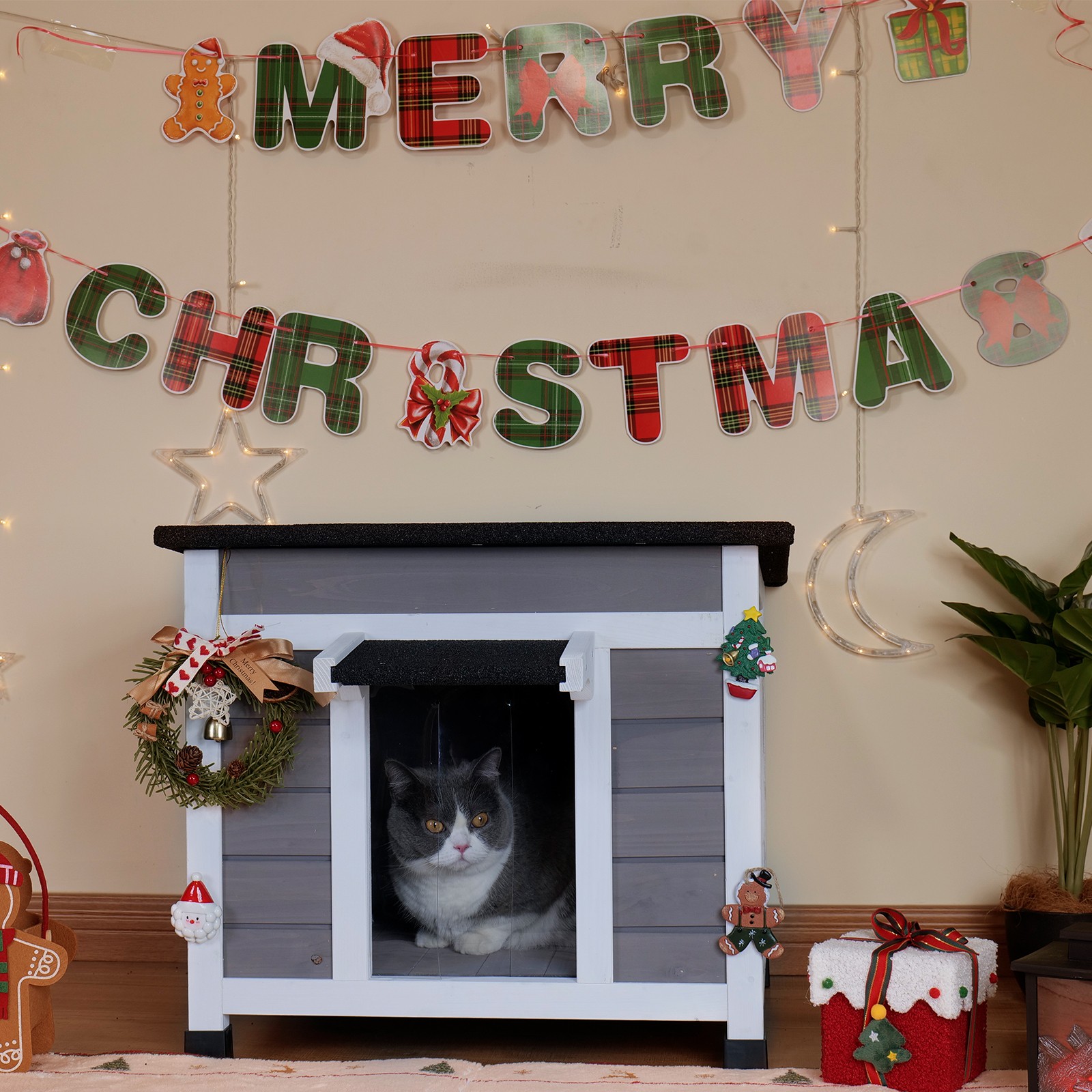 Outdoor Insulated Cat House Feral Cat Shelter Outside Cat Enclosure for Winter Insulated Gray