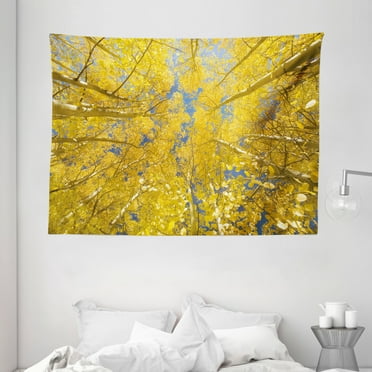 Yellow and Blue Tapestry, Looking Skyward amongst the Patch of Sun-lit Aspen Trees in Autumn Life Print, Wall Hanging for Bedroom Living Room Dorm Decor, 80W X 60L Inches, Yellow, by Ambesonne