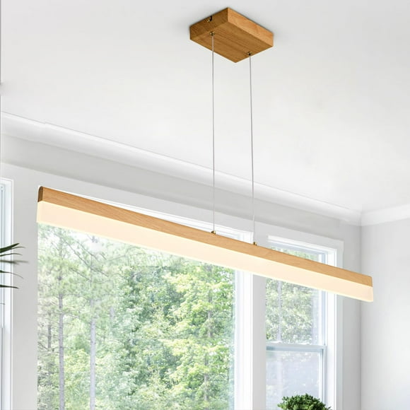 MASIVEL Modern LED Linear Pendant Light Dimmable LED Chandelier 39” Woodgrain Dining Room Light Adjustable Height Ceiling Hanging Light 3000K Island Light for