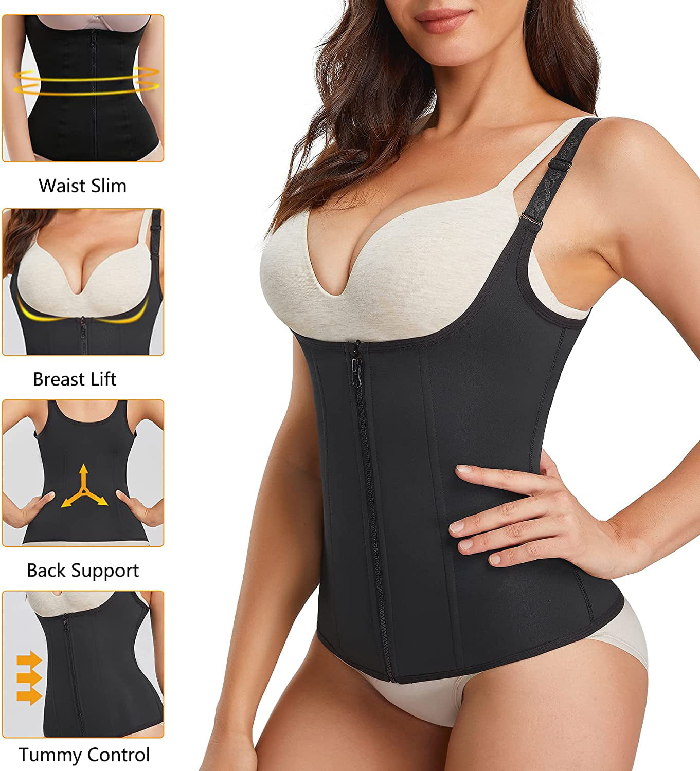QCOTNG Waist Trainer Vest for Women,Zipper Corset Body Shaper for Tummy  Control Cincher Tank Top with Straps Black at  Women's Clothing store