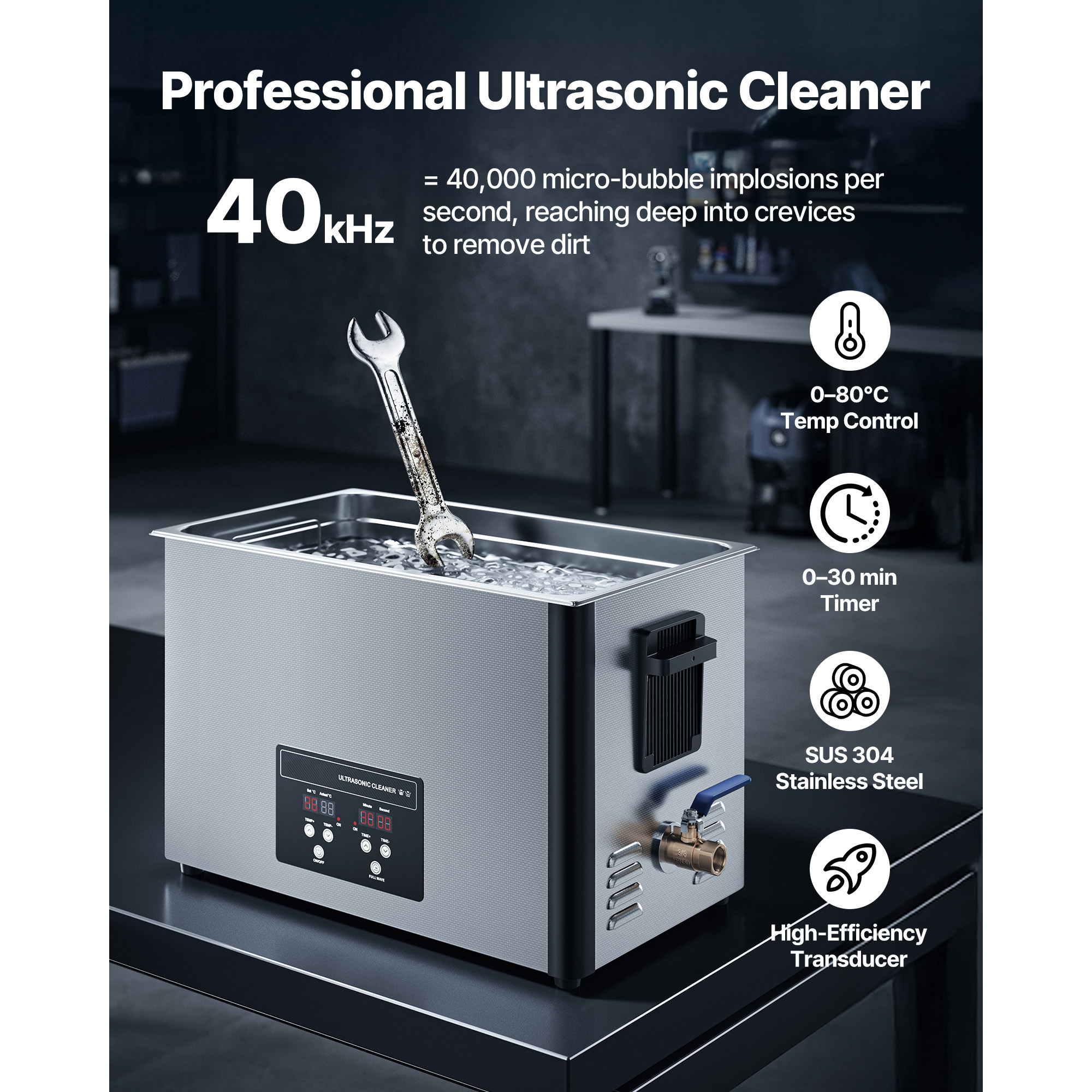 KFFKFF 30L Ultrasonic Cleaning Machine with Digital Display, Stainless Steel 40kHz Cleaner for Parts, Carburetors, Instruments, and More