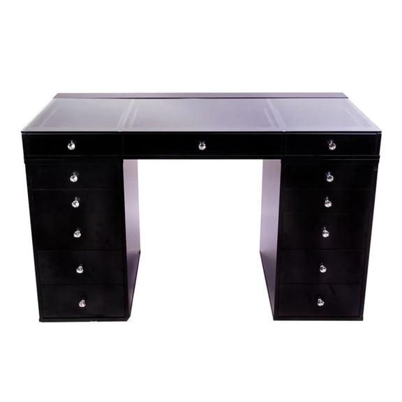 Impressions Vanity Makeup Desk with Drawers, SlayStation 2.0 Clear Glass Top Vanity Desk for Display Makeup Accessories, Dual 5 Storage Drawer Unit Dressing Table for Bedroom Decor (Black)