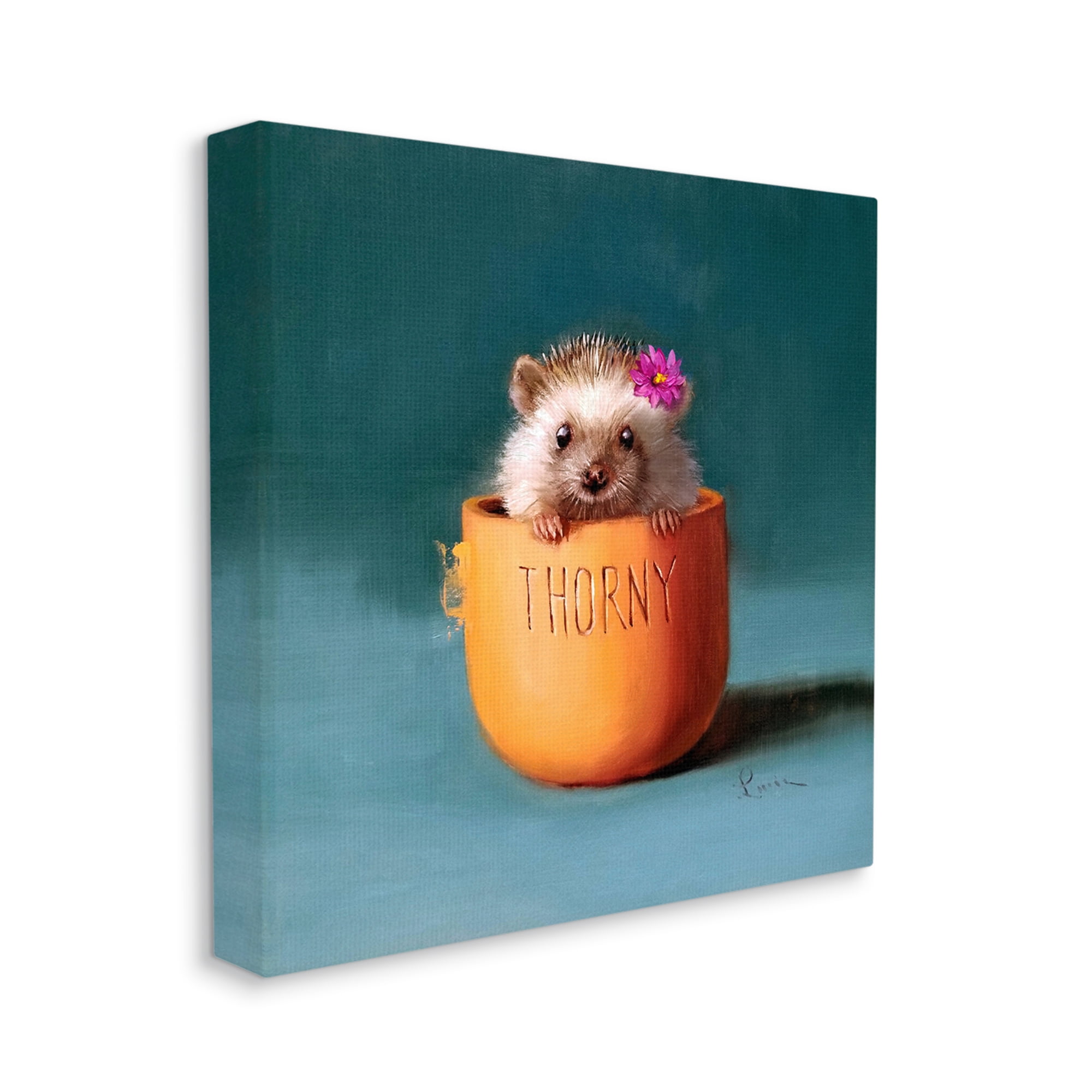 Stupell Industries Thorny Hedgehog Peeking Pink Daisy Flower Accent Painting Gallery Wrapped Canvas Print Wall Art, Design by Lucia Heffernan