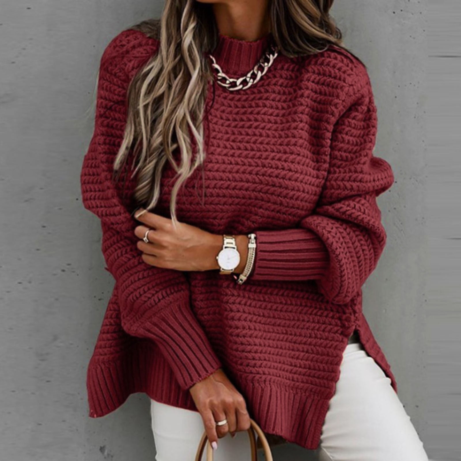 PMUYBHF Female Womens Sweaters Dressy Women Half Turtleneck Long Sleeve Pullover Top Solid Color Side Slit Knit Sweater L