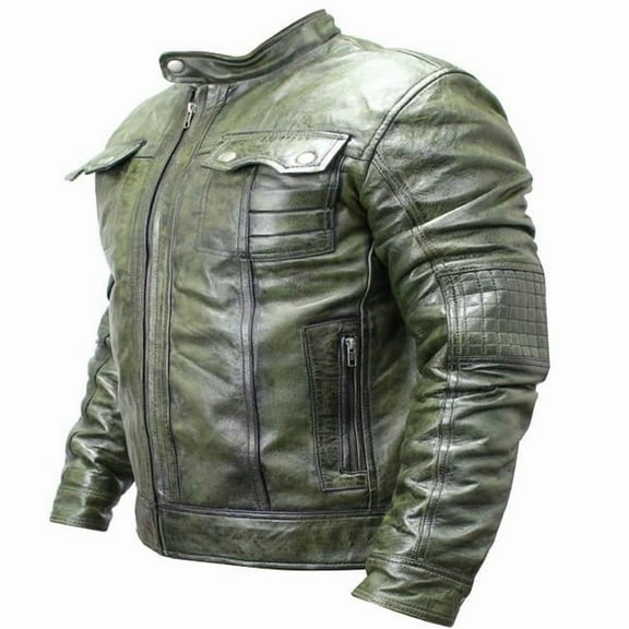 New Men's Genuine Sheep Skin Fashion Leather Jacket Green 2 buttoned chest Pocket