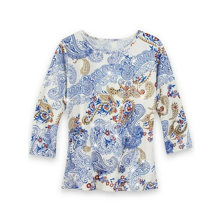 New Look Misses Knit Tops women's lace and paisley boho chic blue and gold knit top, three quarter sleeves, large, blue multi ()