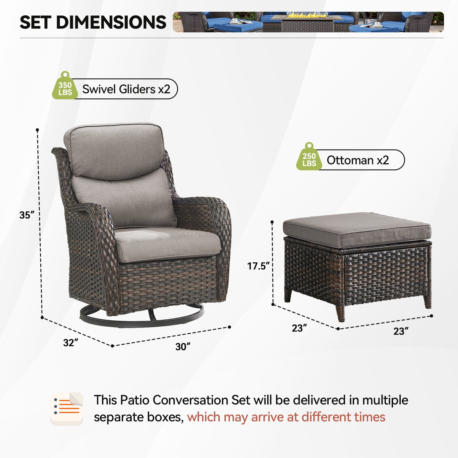 Gymojoy 4 Pieces Outdoor Patio Wicker Furniture Conversation Set All Weather High-Back Outdoor Swivel Chairs Patio Glider with Ottoman for Backyard