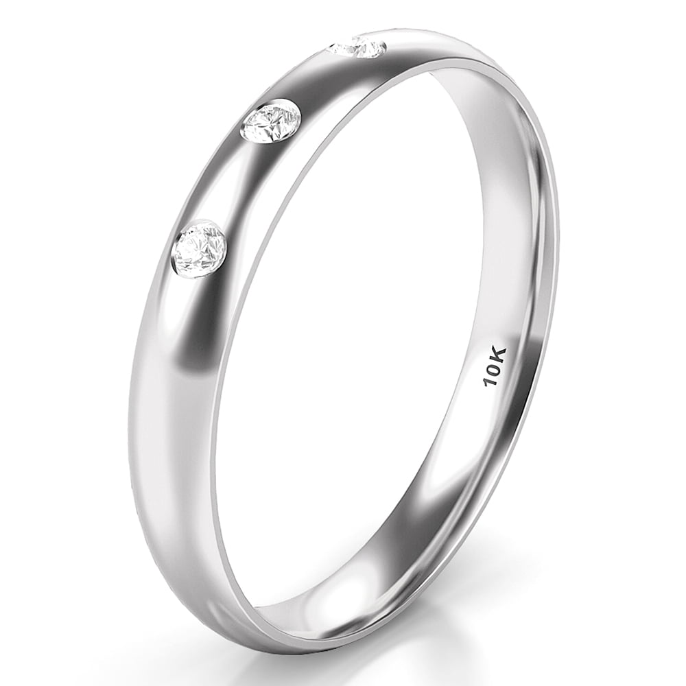 Sz 7.0 Solid 10K White Gold 3 Diamond 3MM Dome Wedding Anniversary Comfort Fit Band Ring