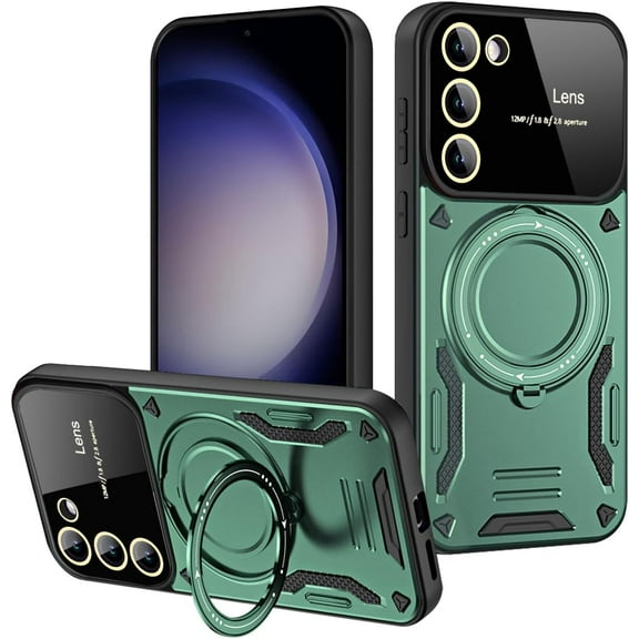 Case for Samsung Galaxy S23FE with Magnetic Attraction 360° Ring Stand Cover for Samsung Galaxy S23FE with Screen Camera Protector Hard PC TPU Case Green