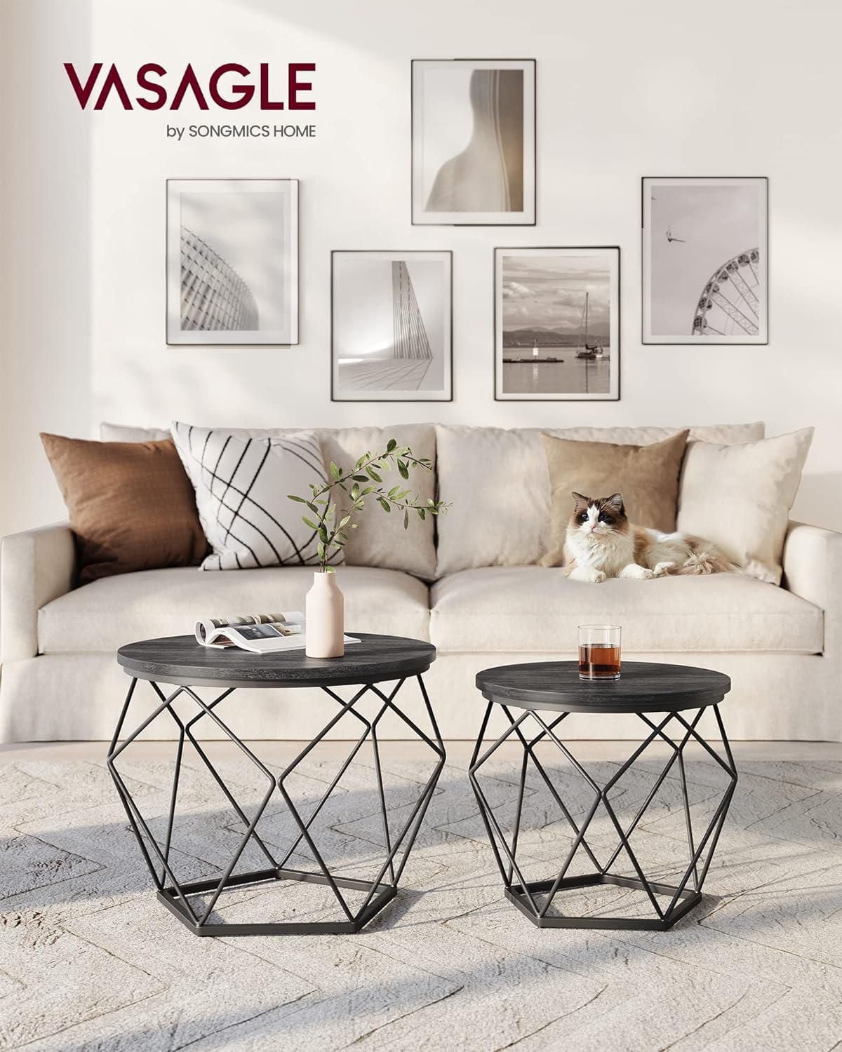 Boutique Home Modern Geometric Design Round Coffee Accent Tables, Set of 2 Side Tables
