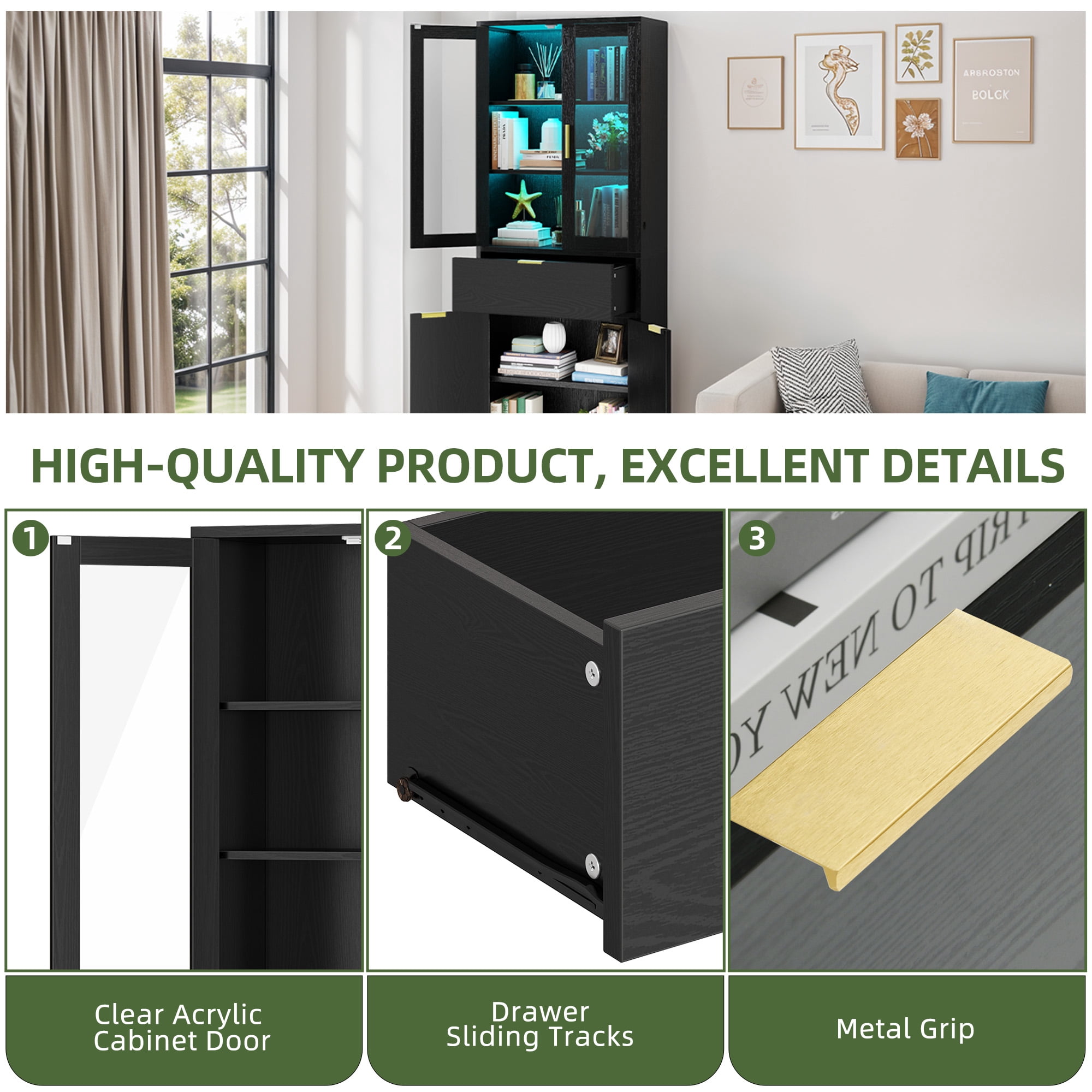 Uforic 65" Bookcase with Drawers & Doors, Tall Storage Cabinet with Adjustable Shelves, Display Bookshelves, Black