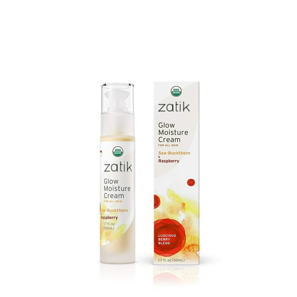Zatik Naturals - Crema humectante resplandeciente, espino amarillo y frambuesa, deliciosa mezcla de bayas, por USDA, orgánico, vegano, sin OGM, sin gluten, sin alcohol, pH equilibrado, biodegradable