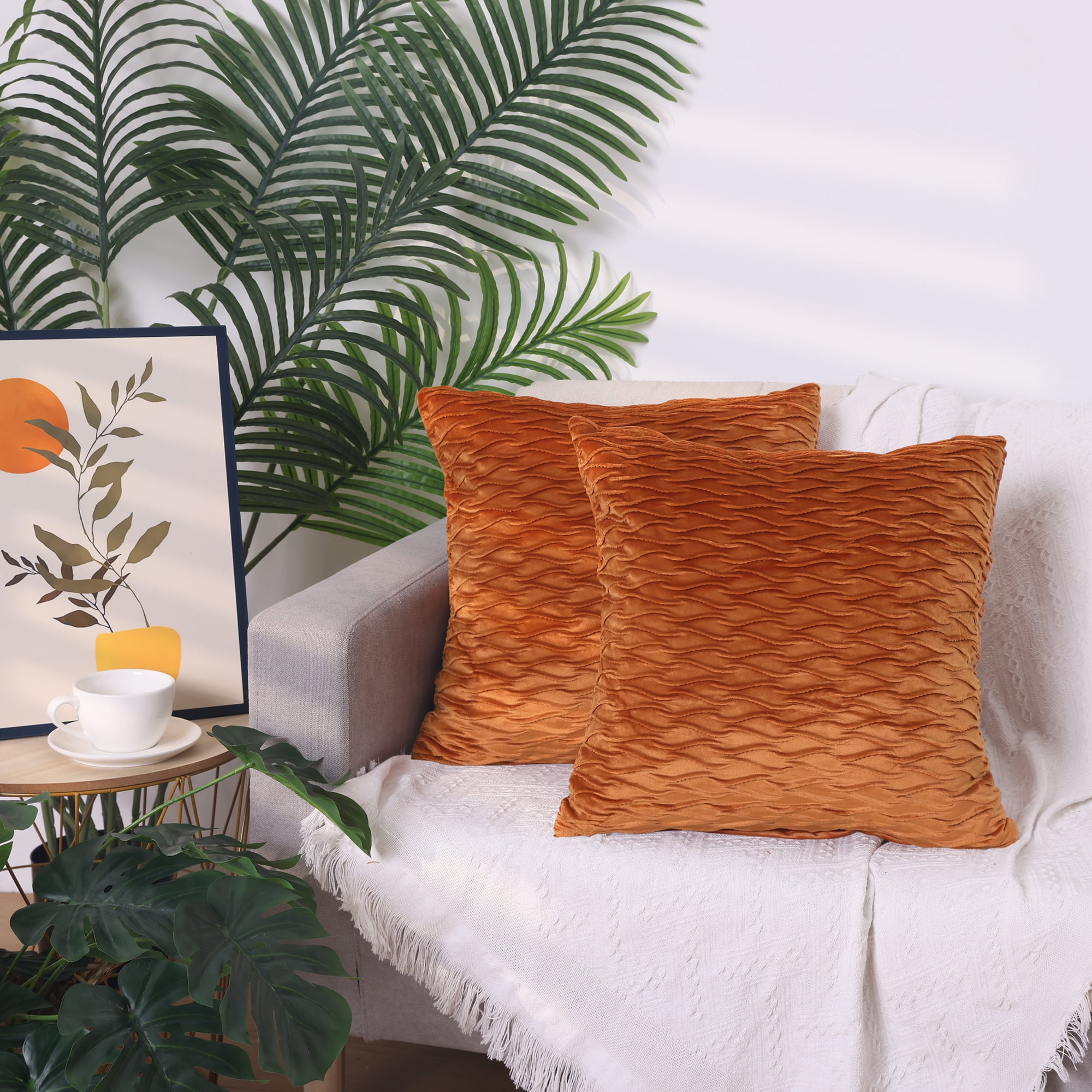 Unique Bargains 4 Solid Striped Square Decorative Throw Pillow Covers Textured Pillowcases Orange 18" x 18"