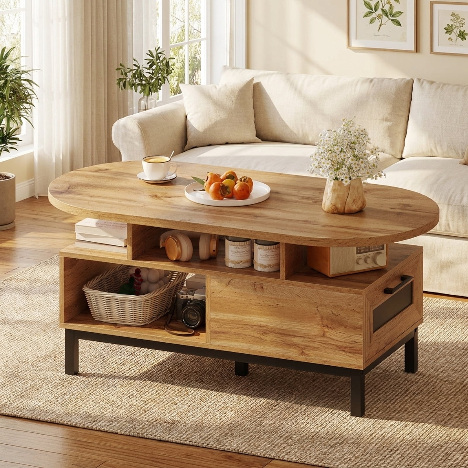 Furnibear 47 Inch Oval Coffee Table with Storage and Open Compartments for Living Room - Natural - Living Room Cocktail Center Table