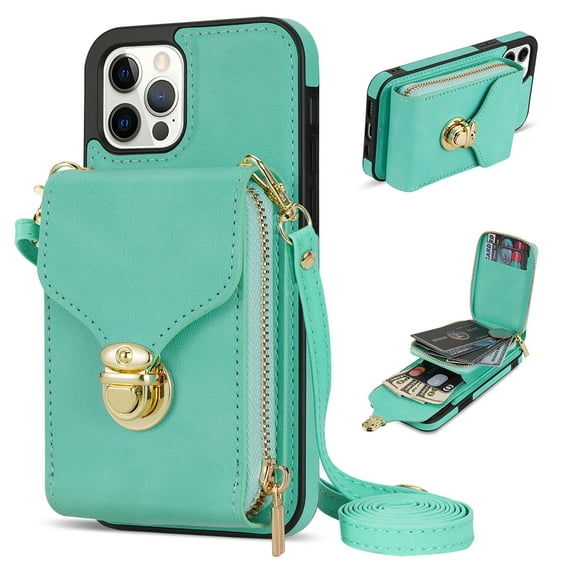 Nalacover Wallet Case for iPhone 12 Pro Max,with Removable Adjustable Shoulder Strap,PU Leather Back Zipper Pocket Card Holder Stand Purse Shockproof Phone Case for Women Men,Mint