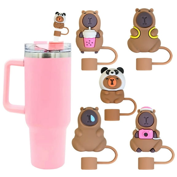 5-Pack Capybara Straw Topper Covers for Stanley Cup, Cute Silicone Straw Cover Cap for 30 & 40 Oz Tumblers, 10mm Dust-Proof Reusable Lids, Fun Novelty Gift