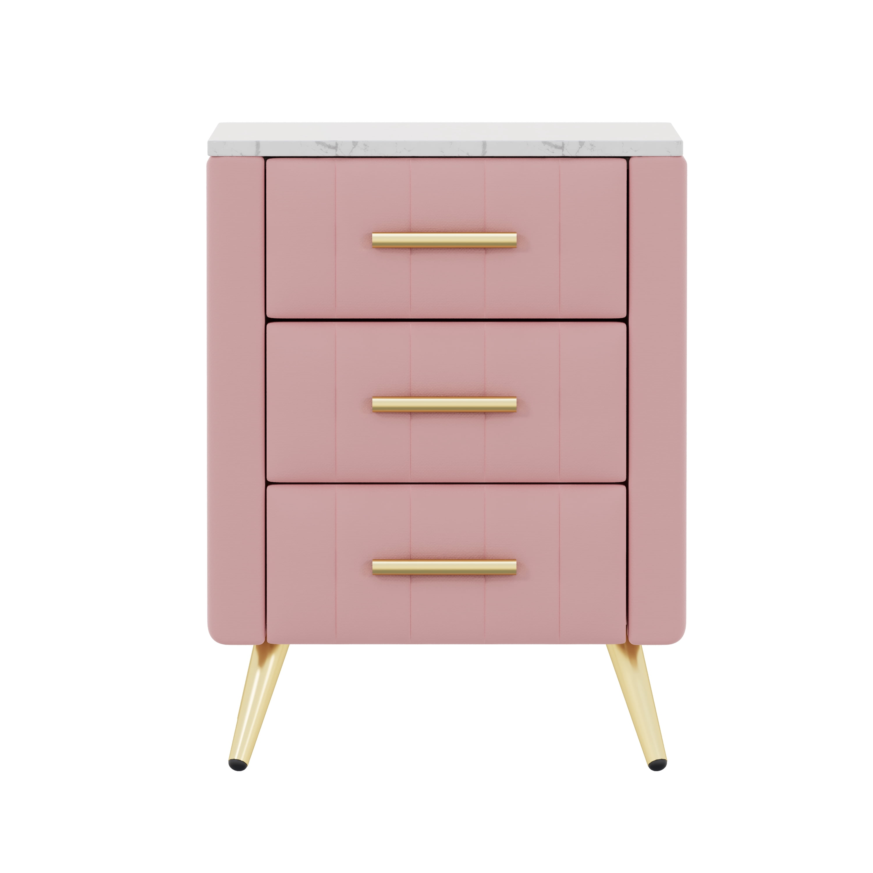Aukfa Upholstered 3-Drawer Nightstand with Marble Top, Velvet Bedside Table for Bedroom/Living Room,Pink