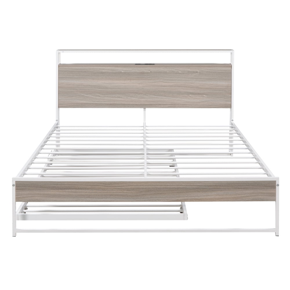 Leumius Queen Size Metal Platform Bed with Trundle and Outlet & USB Ports,Metal Bed Frame with Wooden Storage Headboard & Storage Shelf,White