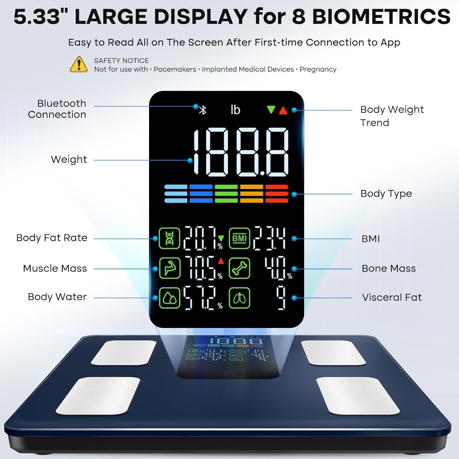 Smart Scale for Body Weight, BMI, Body Fat, Muscle Mass, Digital Bathroom Scales 500lbs for Bluetooth Weight Monitor 11.8" Large Platform Weighing Machine Health Analyzer with App, Dark Blue