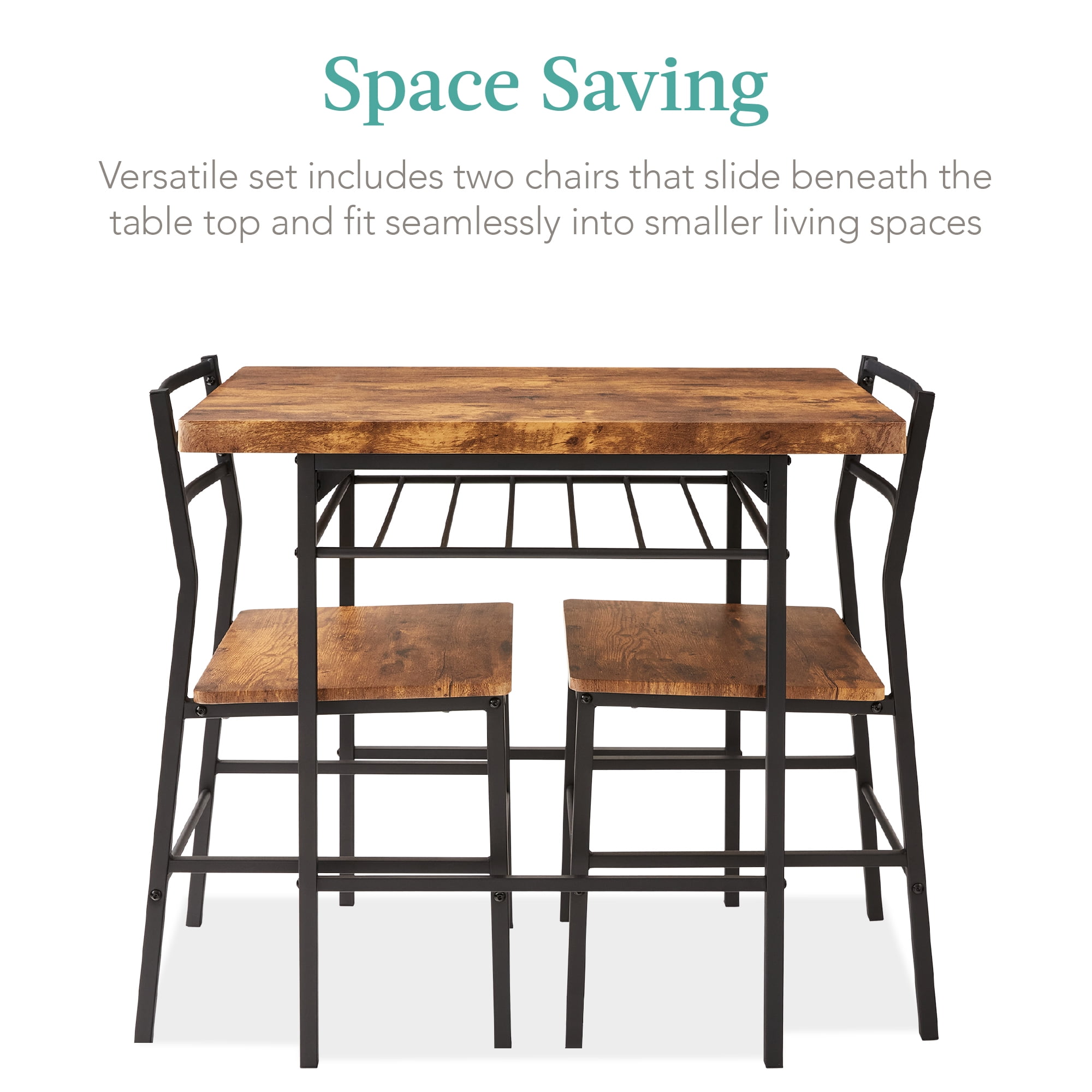 Best Choice Products 3-Piece Modern Dining Set, Square Table & Chairs Set w/ Steel Frame, Storage Rack - Medium Brown/Black