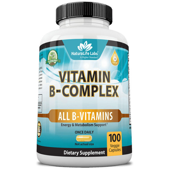 Vitamin B Complex with Vitamin C and Folic Acid - B12, B1, B2, B3, Vitamin B5 Pantothenic Acid, B6, B7, B9 - Nervous System Support 100 Veggie Capsules