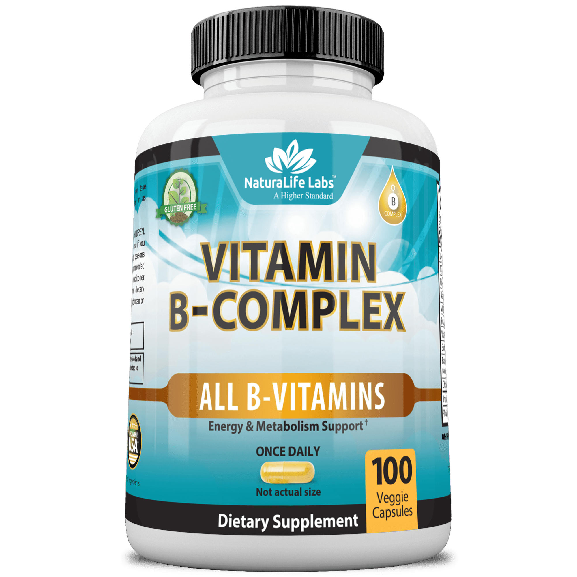 Vitamin B Complex with Vitamin C and Folic Acid - B12, B1, B2, B3, Vitamin B5 Pantothenic Acid, B6, B7, B9 - Nervous System Support 100 Veggie Capsules
