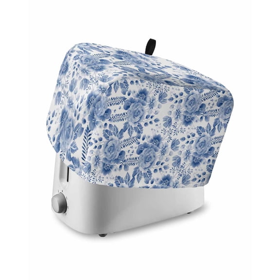 Blue Flower Toaster Cover 4 Slice, Large Kitchen Appliance Covers, Botanical Farmhouse Watercolor Floral Plant Toaster Oven Cover with Loop, Bread Machine Cover Polyester Dust Cover Protection