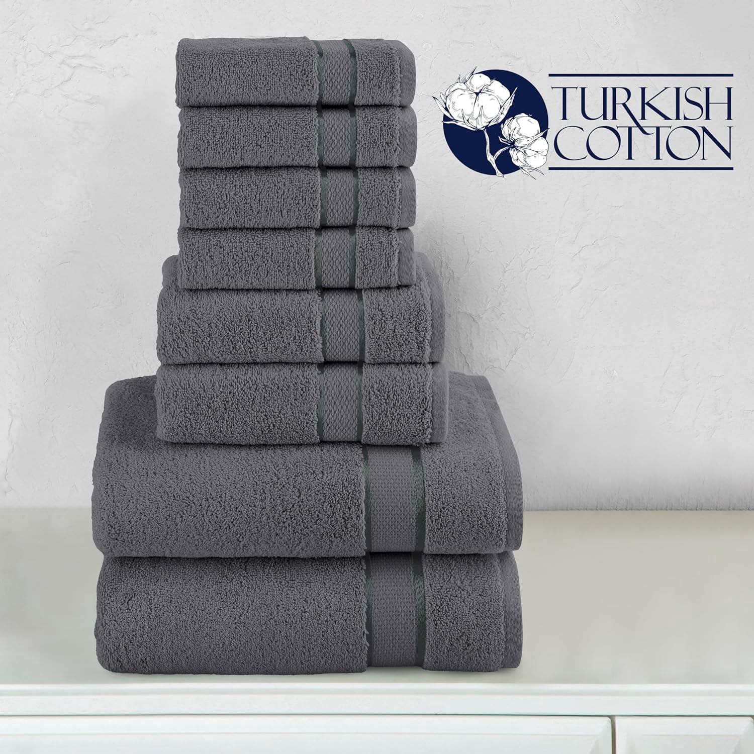 Cotton 8-Piece Towel Set, Includes 4 Washcloths, 2 Hand Towels and 2 Bath Towels, 100% Turkish Cotton - Highly Absorbent and Super Soft Towels for Bathroom, Grey