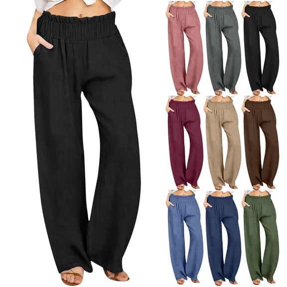 Plus Size Linen Wide-Leg Pants for Women Summer Casual Solid Color Ruffled Pleated Elastic Waistband with Pockets Women's Long Pants S-2XL